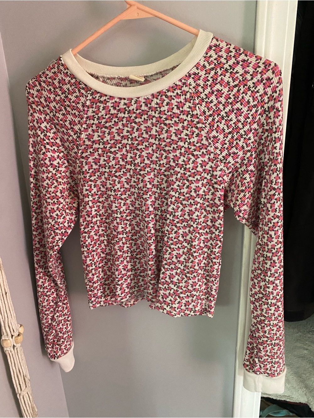 Womens Pink Multi-Pattern Long Sleeve Knit Top - Crew Neck